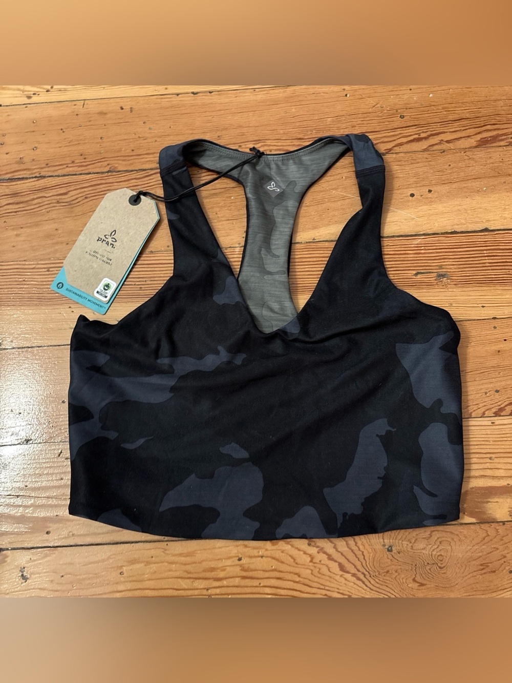 Prana Momento Crop Top Women's XS Black Sandblast/Dark Iron Camo Print Racerback